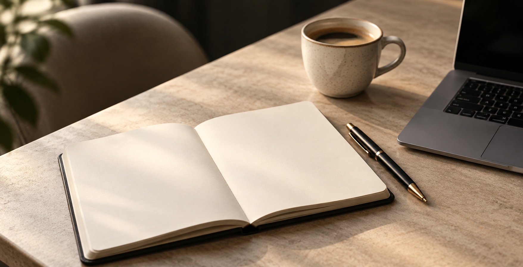 Notebook, pen and laptop for your personal enquiry