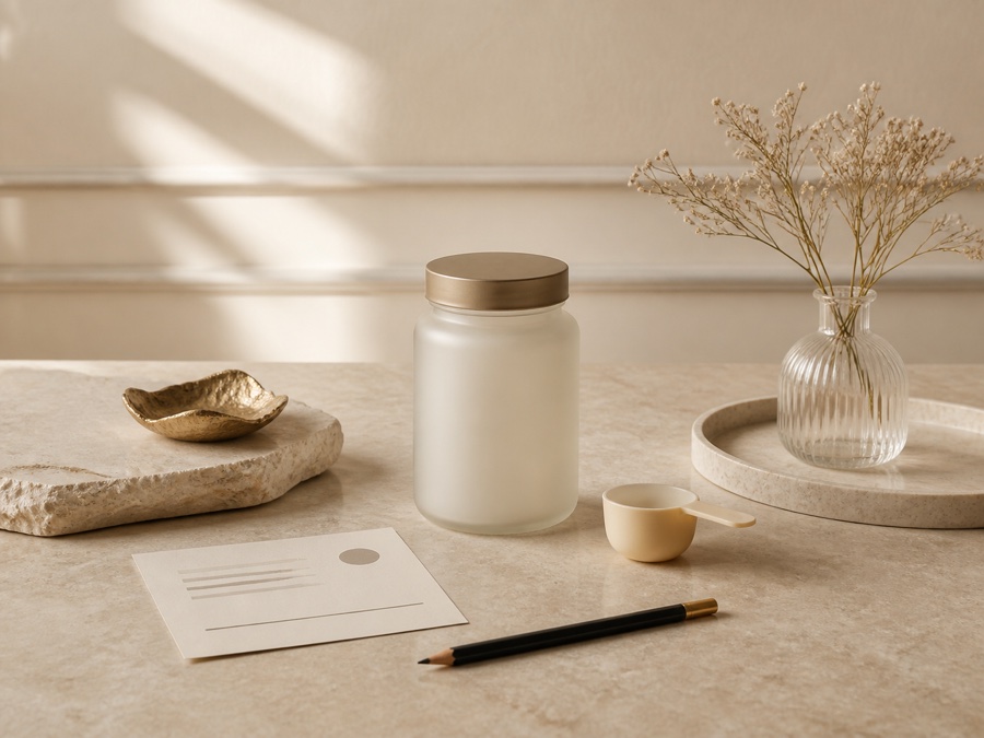 Product selection with jar, scoop and note card