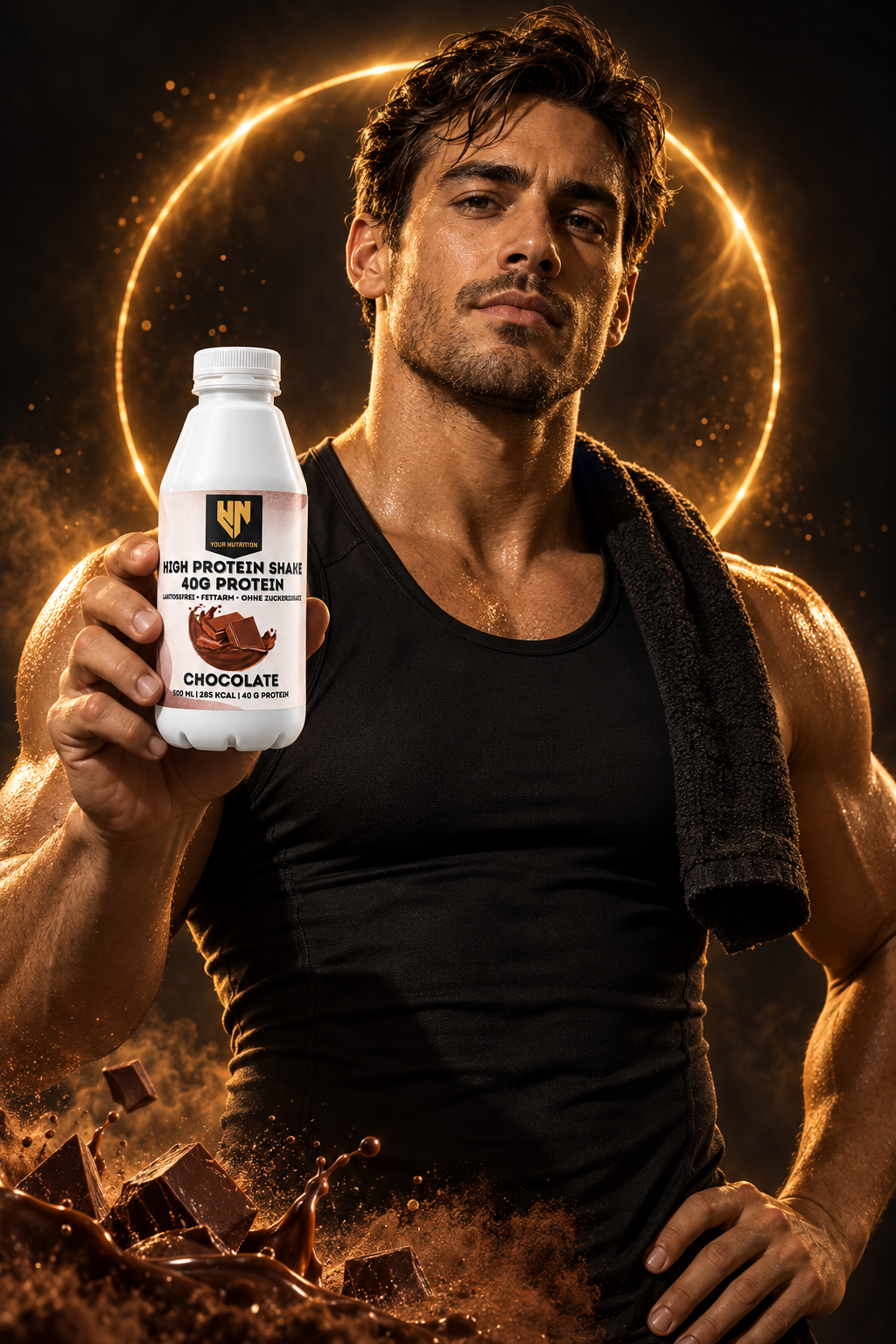 Athlet mit High Protein Shake Chocolate in einer warmen Premium-Szene