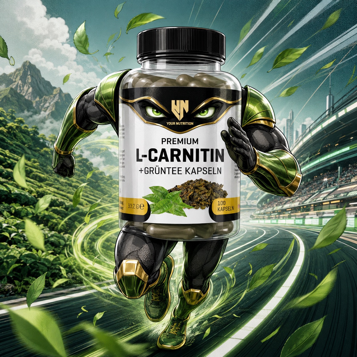 Premium L-Carnitin mit Grüntee als dynamisches Your-Nutrition-Hero-Motiv