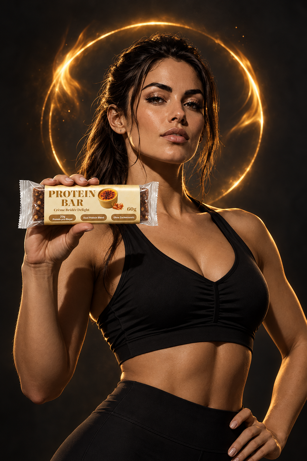 Athletin mit Protein Bar Crème Brûlée in einer warmen Premium-Szene